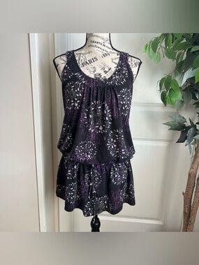Decree Floral Blouson Sleeveless Micro Mini Tunic Dress Black Purple Sz L
